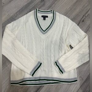 White Cable Knit Sweater with Green Trim